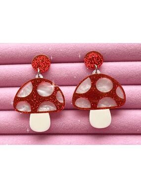 Mushroom Acrylic Shaped Pendant Earrings Light wearing NWT
